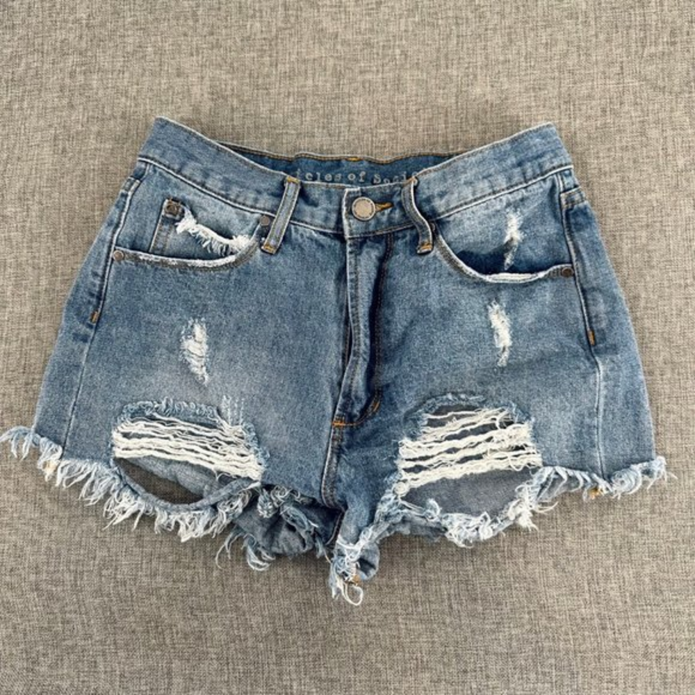 Articles‎ of Society Los Angeles Denim Shorts Distressed Cut Off Fringe Mid Rise